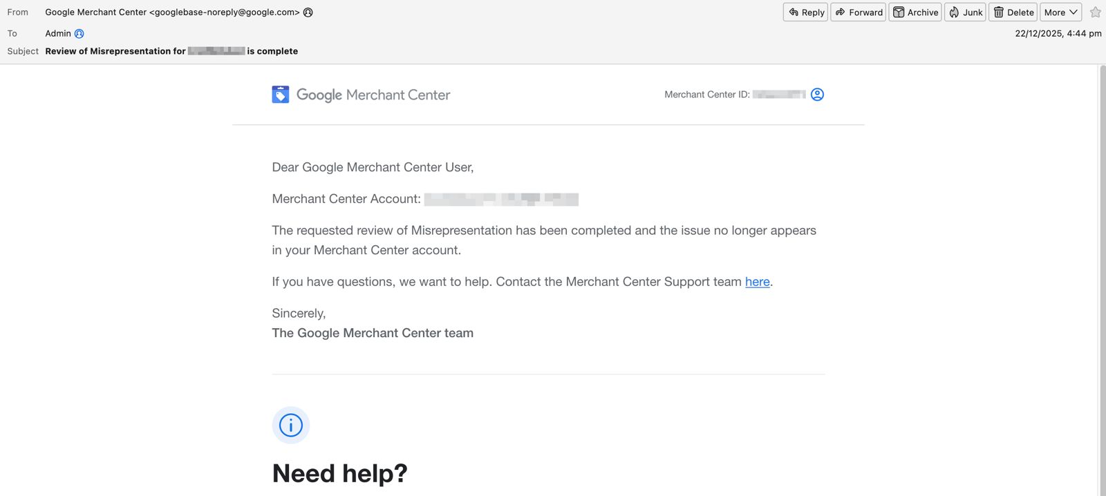 Google Merchant Center email confirming Misrepresentation review is complete and the issue no longer appears