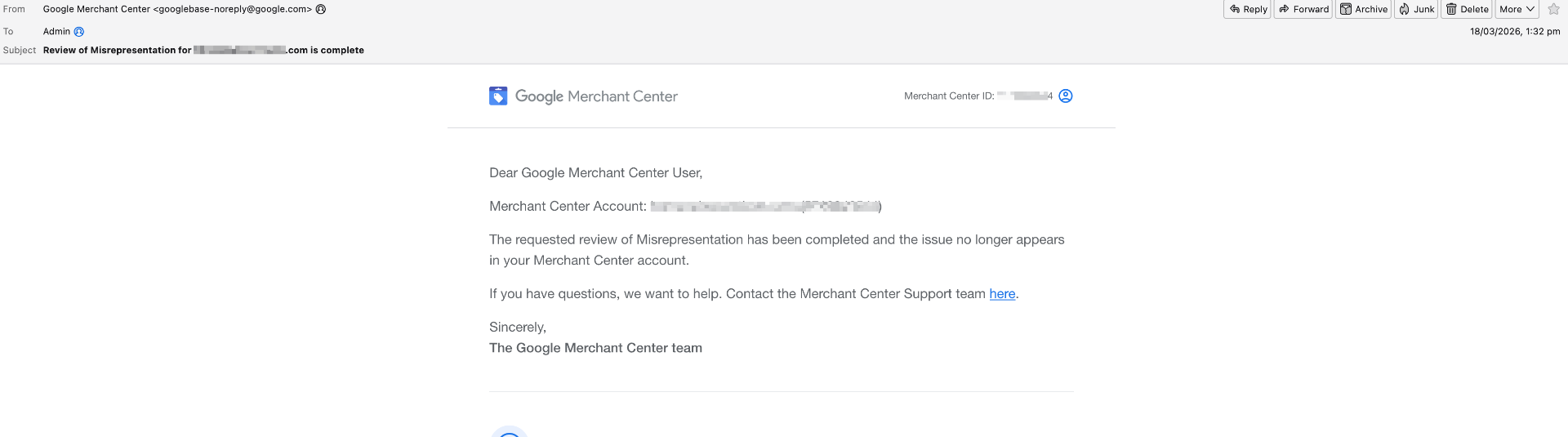 Google Merchant Center email confirming the Misrepresentation review is complete