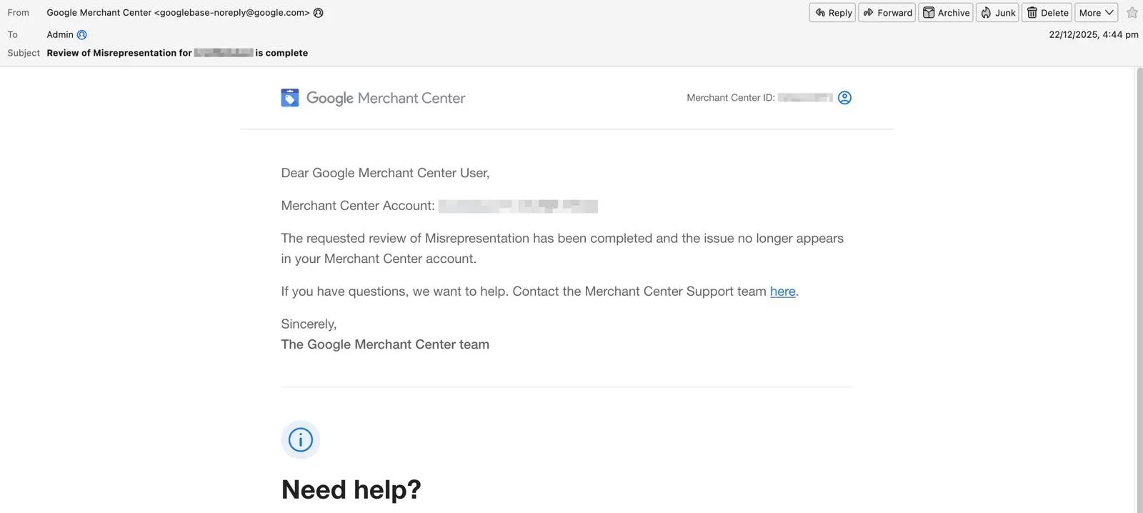 Google Merchant Center email confirming a review of Misrepresentation is complete and the issue no longer appears in the account