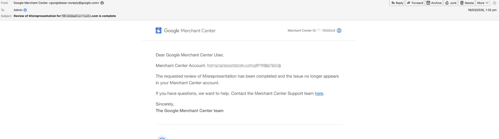 Google Merchant Center email confirming the review of Misrepresentation is complete for Humane Innovations
