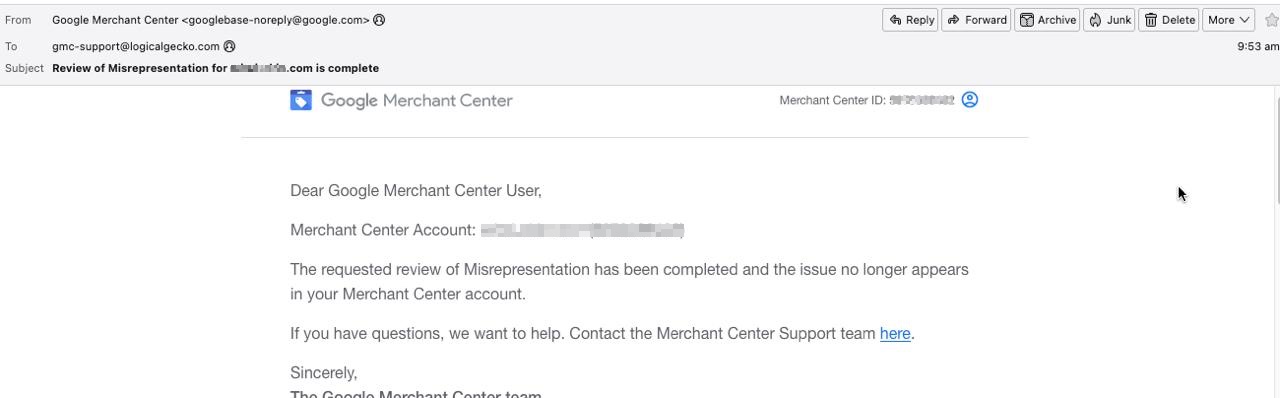 Google Merchant Center email confirming the Misrepresentation review is complete