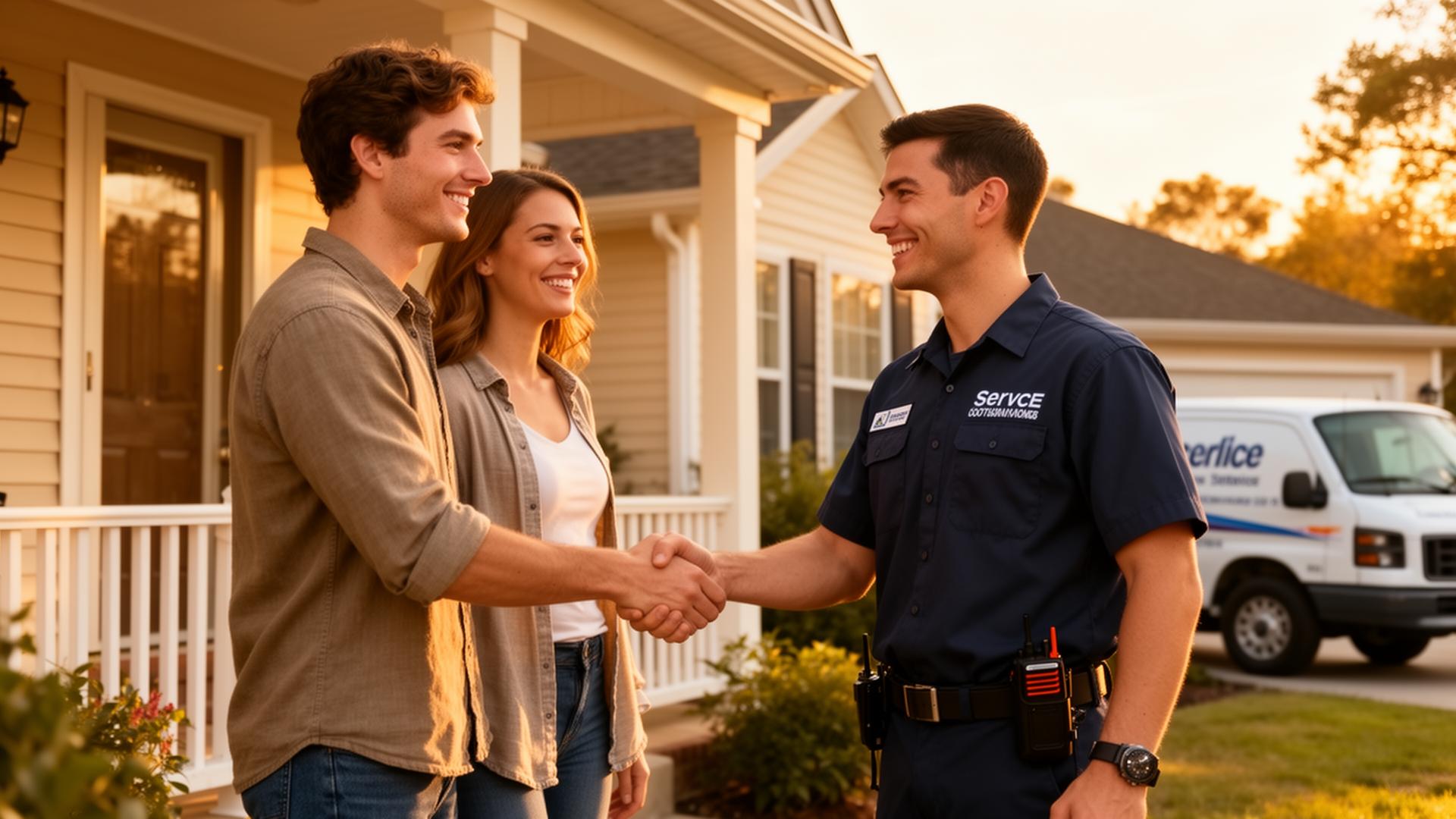 Happy homeowners shaking hands with a friendly pest control technician on their front porch