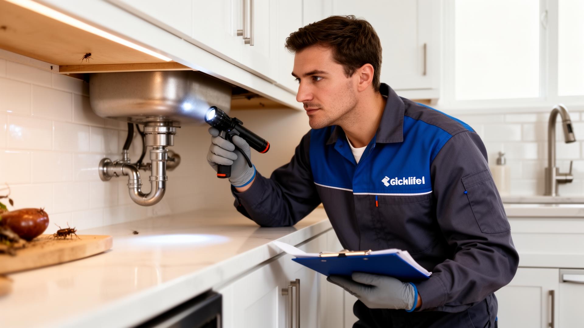 Pest control technician inspecting under a kitchen sink with flashlight and clipboard