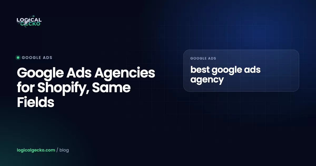 Comparison grid of Google Ads agencies for Shopify stores with columns for minimum ad spend, pricing model, partner status, reviews and contract terms, beside a five-step shortlist flow
