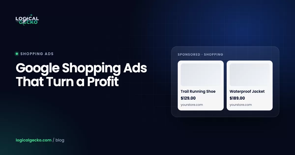 Diagram of a Google Shopping ad built from a Merchant Center product feed, next to break-even and target ROAS bars for three product margin tiers